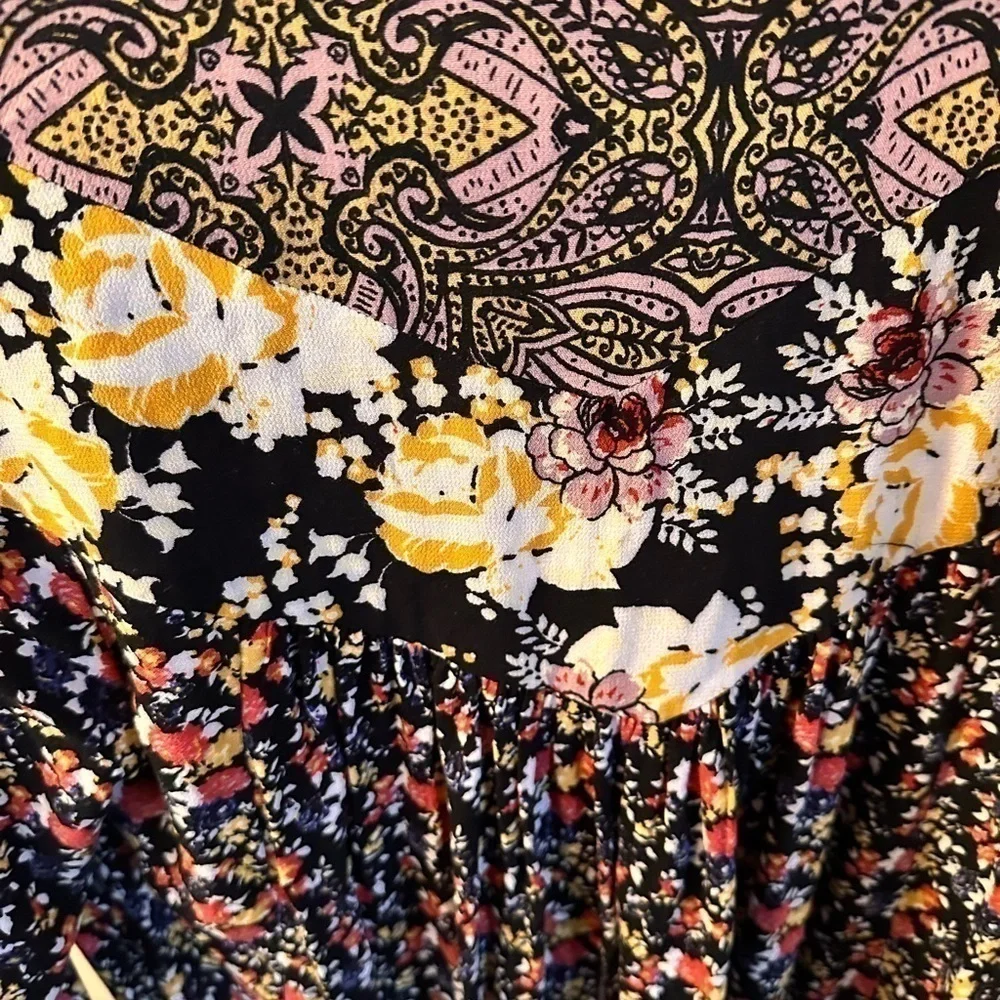 FREE People Wildflower Fields Tunic Top Dress Black Floral Bell Sleeve Buttons